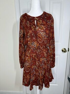 Emma & Michele Rust Paisley Long-Sleeve Tie-Waist Dress